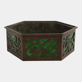 Bradley & Hubbard 1910s Brass Ferner With Green Slag Glass Insert