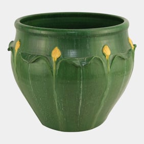 Ephraim Faience 1997 Art Pottery Large Matte Green Yellow Bud Large Jardiniere