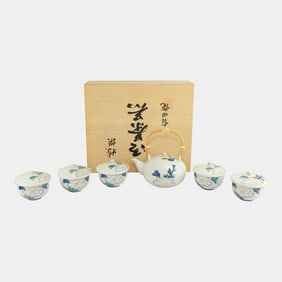 Inoue Kiln-Arita Japanese Mid Century Porcelain Tea Set With Signed Tomobako