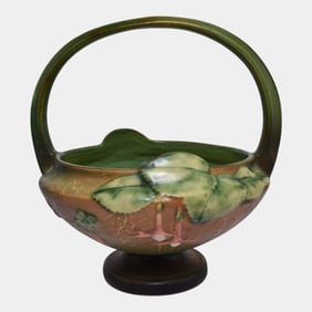 Roseville Fuchsia Green 1938 Vintage Pottery Ceramic Basket Flower Frog 350-8