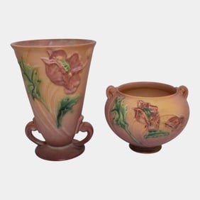Roseville Poppy Pink Vintage Art Pottery Ceramic Vases