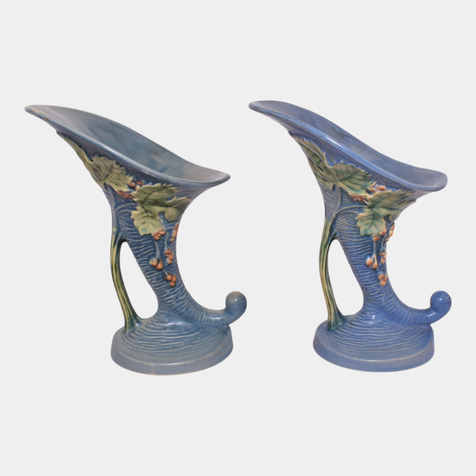 Roseville Bushberry Blue Vintage Art Pottery Ceramic Cornucopias (1 of 3)