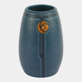 Ephraim Faience 2022 Pot Of The Week Miniature Teal Orange Revival Rose Bud Vase