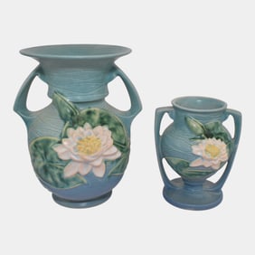 Roseville Water Lily Blue Vintage Art Deco Pottery Ceramic Vases