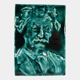 Paul Katrich Studio Art Pottery Green Mark Twain In Relief Tile