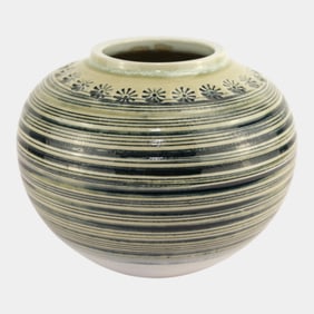 Japanese Art Pottery Mid Century High Fired Green Blue Striped Bulbous Vase