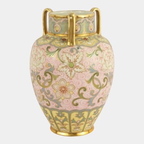 Morimura Brothers Japanese Hand Painted Floral Gold Gilt Triple Handle Vase