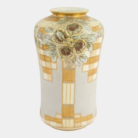 Nippon Japanese Gold Gilt Accent Moriage Hand Painted Floral Geometric Vase