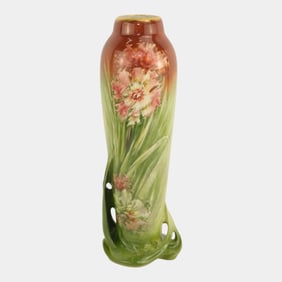 Karlsbad Austrian Porcelain Hand Painted Floral Pierced Base Art Nouveau Vase