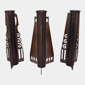 German Secessionist Copper Brass Arts And Crafts Styled Handled Cylinder Vases