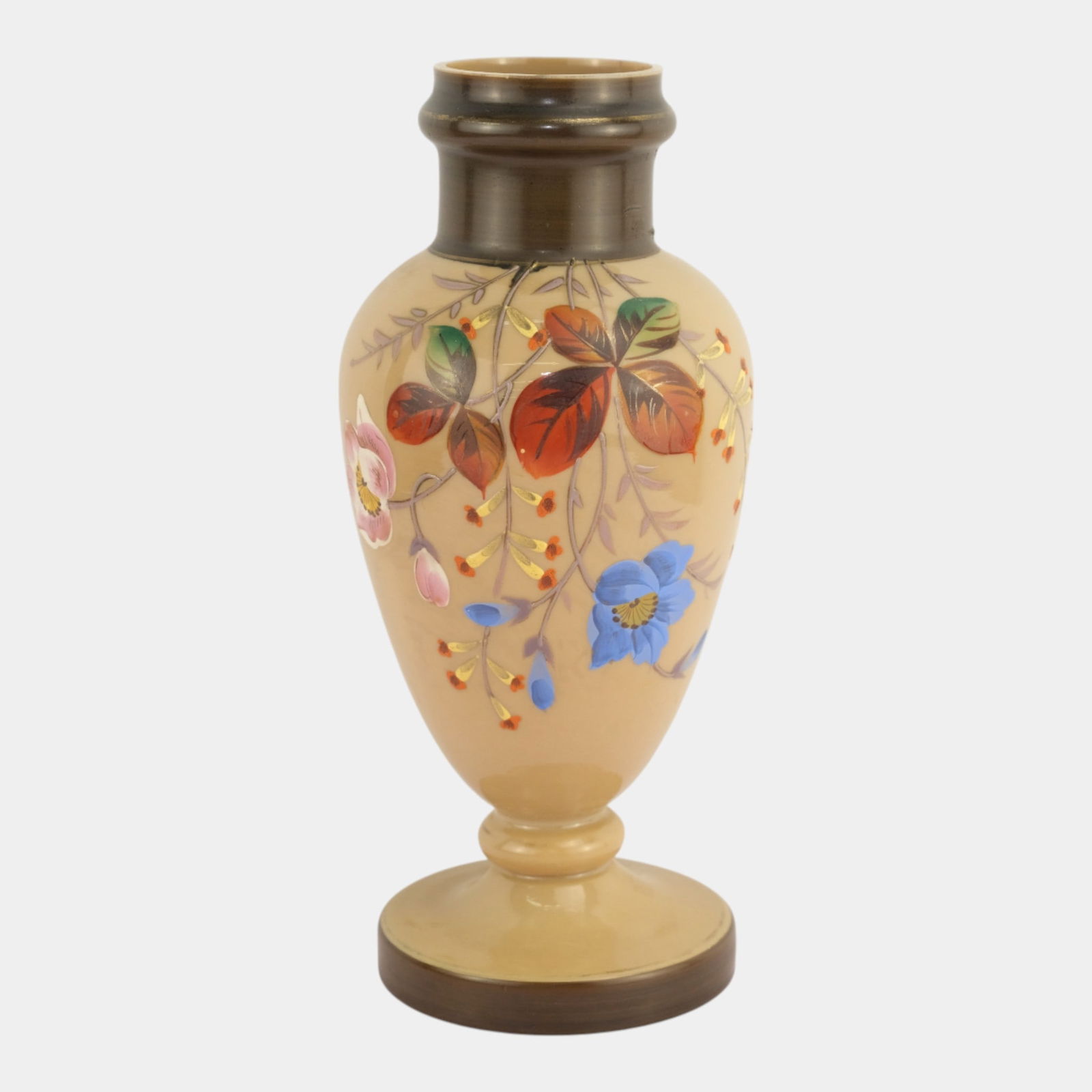 Bohemian Czech Brown Opaline Enameled Flower Decorated Glass Vase: We offer in house shipping on all items. Plus spend $2000 on winning bids on qualified items and your shipping is free. Bohemian Czech Brown Opaline Enameled Flower Decorated Glass Vase Gracefully sl