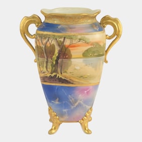 Morimura Brothers Japanese Porcelain Hand Painted Gold Gilt Scenic Swan Vase