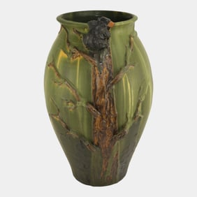 Ephraim Faience 2005 Showpiece Matte Green Tree Climbing Bear Floor Vase