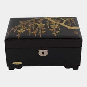 Fujii Japanese Mid Century Black Lacquer Jewelry Music Box with Original Box
