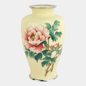 Ando Cloisonne Co. Japanese Yellow Cloisonne Peony Vase with Original Wood Box