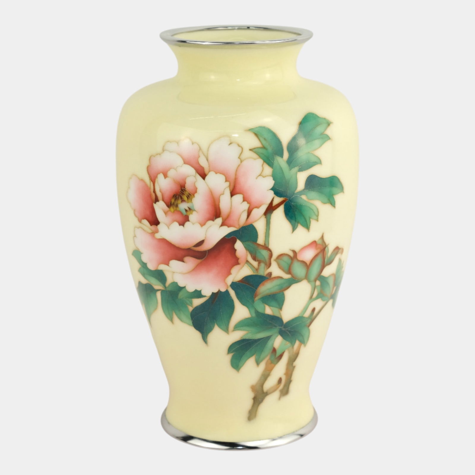 Ando Cloisonne Co. Japanese Yellow Cloisonne Peony Vase with Original Wood Box (1 of 5)