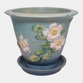 Roseville White Rose Blue 1940 Vintage Pottery Ceramic Flower Pot Planter 654-5
