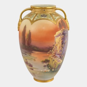Morimura Brothers Japanese Porcelain Hand Painted Gold Gilt Scenic Ruins Vase
