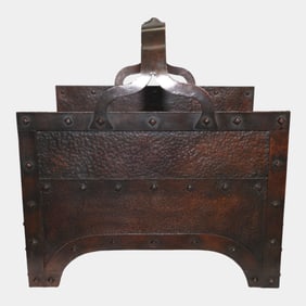 Arts And Crafts Large Handled Hammered Copper Riveted Fireplace Log Holder