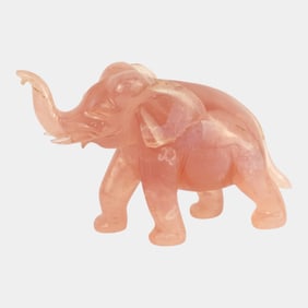 Rose Quartz Gemstone Carved Elephant Statue Figurine Trunk Up