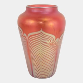 Correia Art Glass California Magenta Gold Iridescent Pulled Feather Vase