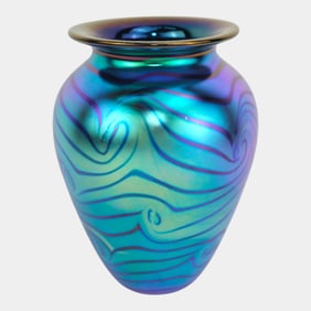 Robert Eickholt Blue Purple Iridescent Swirling Design Art Glass Vase