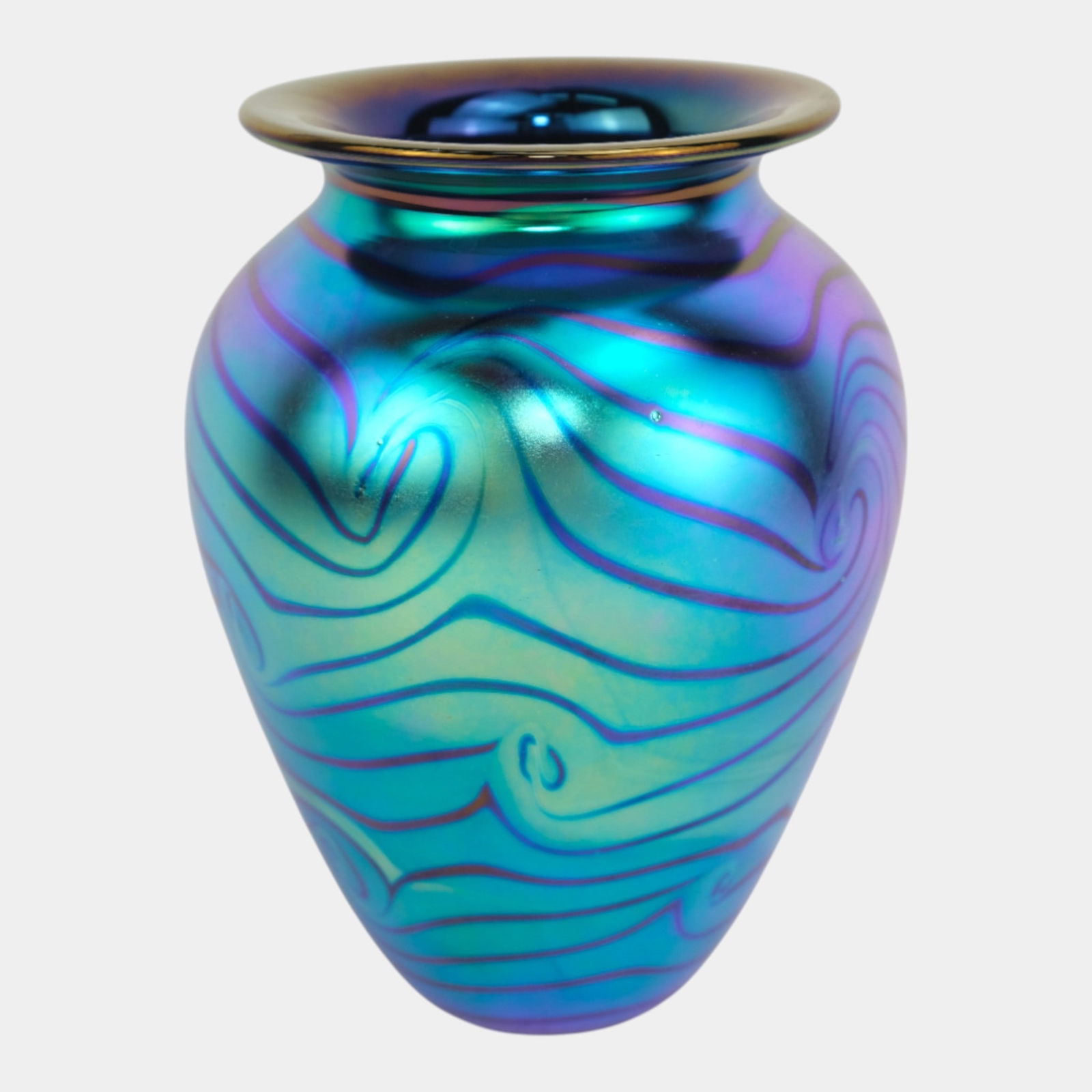 Robert Eickholt Blue Purple Iridescent Swirling Design Art Glass Vase (1 of 3)
