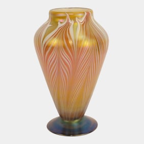 Vandermark Gold Orange White Iridescent Pulled Feather Art Glass Vase