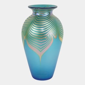 Correia Art Glass California Blue Green Iridescent Pulled Feather Vase