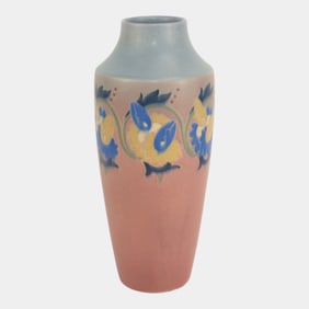 Rookwood Pottery 1916 Blue Pink Vellum Floral Sprays Banded Vase 946 Conant