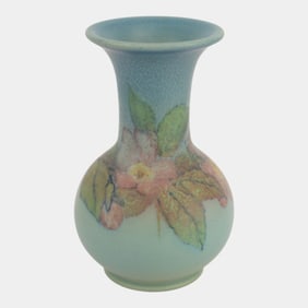 Rookwood Pottery 1930 Blue Wax Matte Floral Decorated Vase 40 Asbury