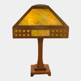W.B. Brown Arts And Crafts Oak Table Lamp Base With Slag Glass Reticulated Shade