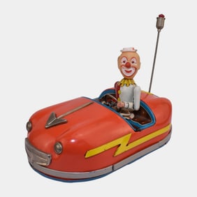 ALPS Japan 1960s Tin Litho Battery Operated Red Toy Bumper Car With Clown