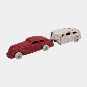 Barclay USA 1930s Red And White Slush Cast Toy Sedan Car And Trailer