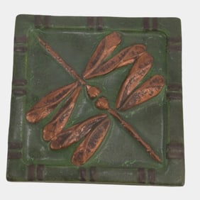 Ephraim Faience 2003 Arts And Crafts Green Kissing Dragonflies Pottery Tile