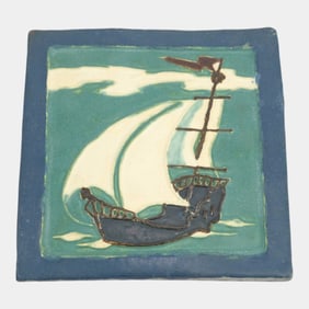 Ephraim Faience Early Art Pottery Product Development "North Wind" Ship Tile