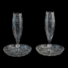 Boston Sandwich Glass Elegant Etched Stars Bud Vases Integrated Bowl Bases 1870s