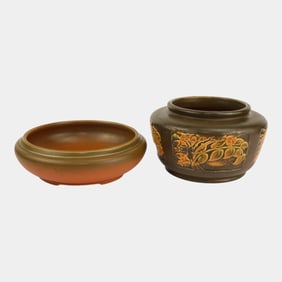Roseville Rosecraft 1920s Panel And Burnt Orange Art Pottery Bowls