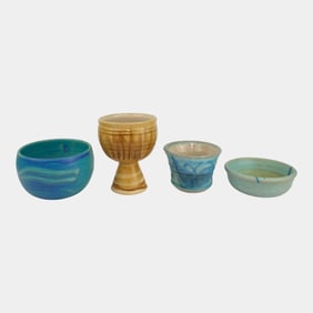 JT Abernathy Studio Pottery Abernathy Blue Bowls And Brown Tan Goblet