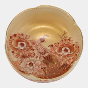 Bizan / Shimazu Family Crest Marked Birds In Garden Decorated Satsuma Bowl Japan