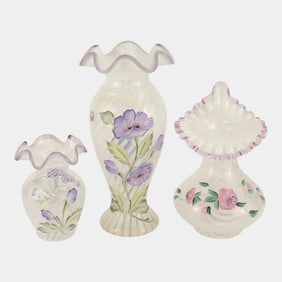 Fenton Hand Painted Artist Signed Limited French Opalescent Optic Spiral Vases