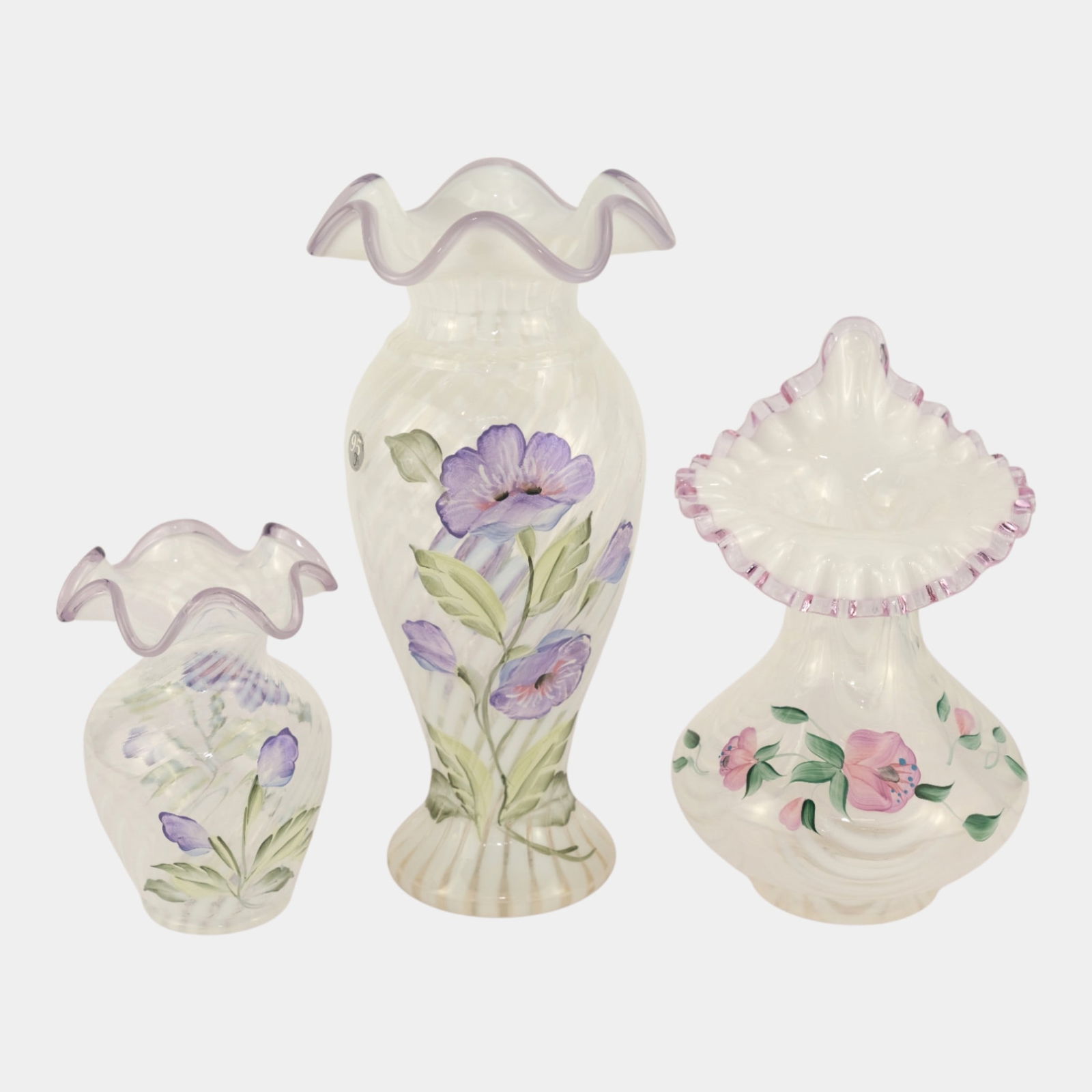 Fenton Hand Painted Artist Signed Limited French Opalescent Optic Spiral Vases (1 of 4)