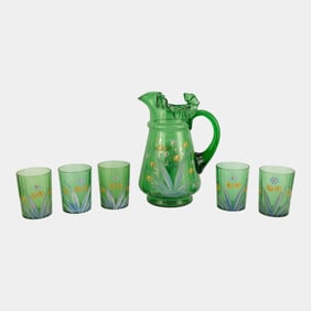 Victorian Hand Blown Green Glass Enamel Decorated Water Pitcher With Glasses
