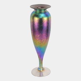 Joe Mattson Studio Art Glass Purple Green Iridescent 13" Tall Footed Vase