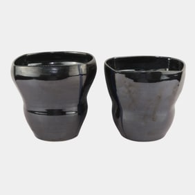 William "Bill" Kremer Studio Pottery Black Mid Century Modern Stepped Vases