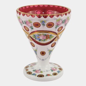Bohemian 1930s Cranberry With White Floral Enameling Art Glass Vase Goblet