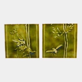 J And JG Low Art Tile Works 1880s Green Glaze Bee And Flower Ceramic Tiles