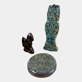 Pewabic Pottery Iridescent Skyline Tile, Ancient God Statue, And Horse Figurine