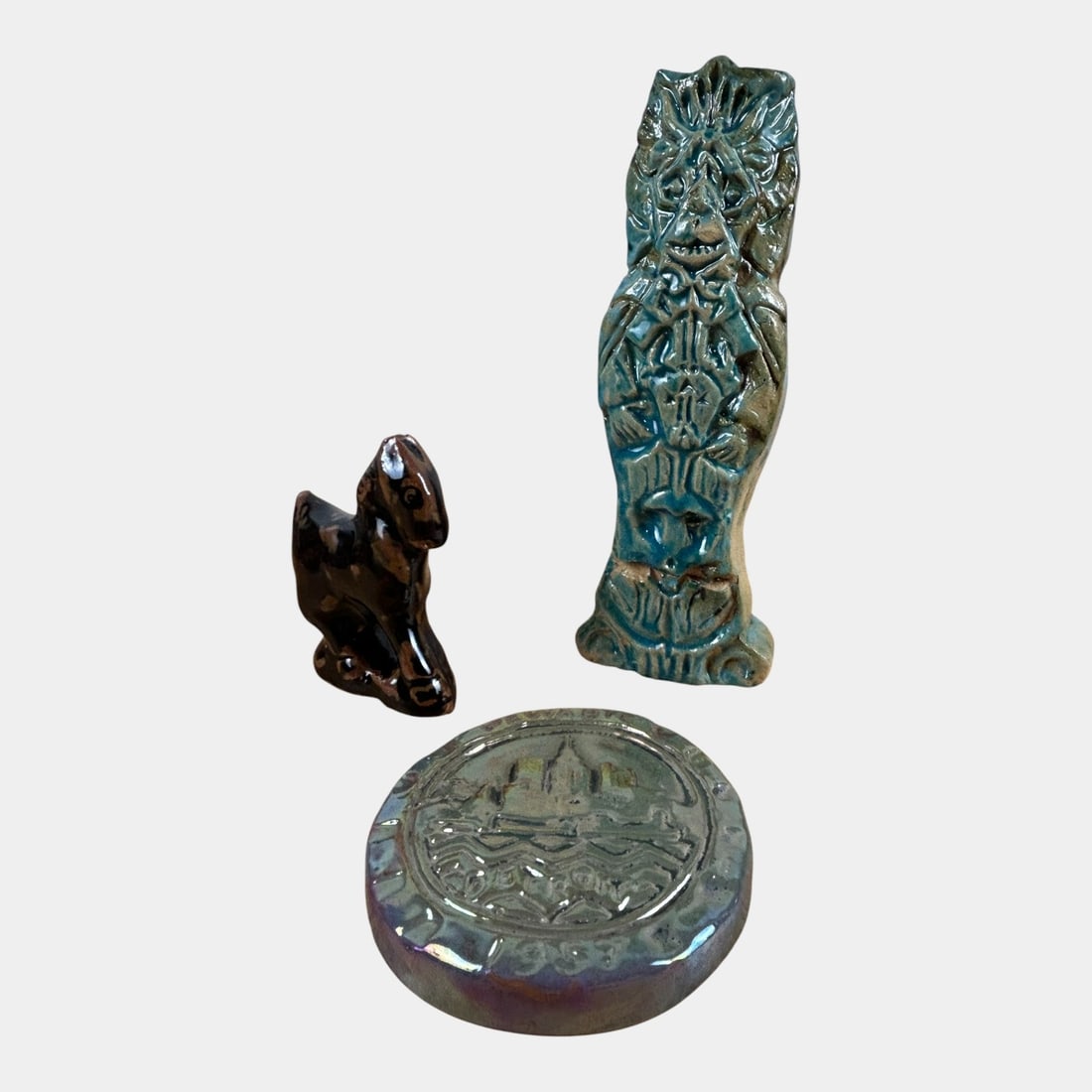 Pewabic Pottery Iridescent Skyline Tile, Ancient God Statue, And Horse Figurine: We offer in house shipping on all items. Plus spend $2000 on winning bids on qualified items and your shipping is free. Pewabic Pottery Iridescent Skyline Tile, Ancient God Statue, And Horse Figurine
