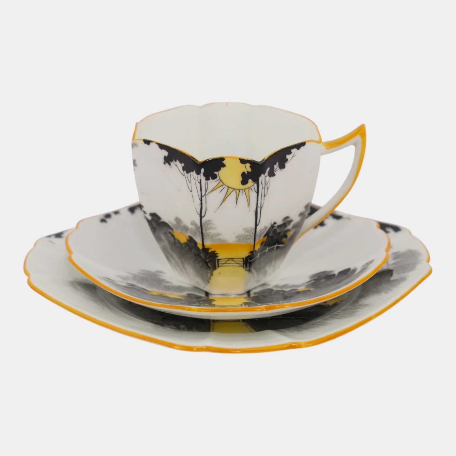 Shelley China Queen Anne "Sunrise & Tall Trees" Cup & Saucer Tea Trio Set: We offer in house shipping on all items. Plus spend $2000 on winning bids on qualified items and your shipping is free. Shelley China Queen Anne "Sunrise & Tall Trees" Cup & Saucer Tea Trio Set Strik